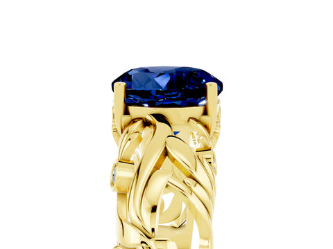 Yellow gold Round Cut Solitaire Blue Sapphire Leaf-Inspired Vine Band Ring with Prong Setting_5