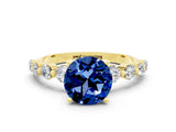 Yellow gold Round Cut Solitaire Blue Sapphire Ring with Pave Band and Four-Prong Setting