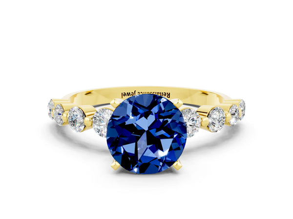 Yellow gold Round Cut Solitaire Blue Sapphire Ring with Pave Band and Four-Prong Setting