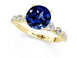 Yellow gold Round Cut Solitaire Blue Sapphire Ring with Pave Band and Four-Prong Setting_1