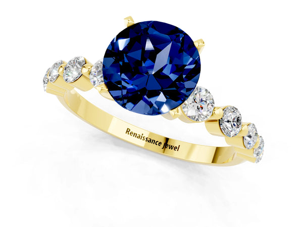 Yellow gold Round Cut Solitaire Blue Sapphire Ring with Pave Band and Four-Prong Setting