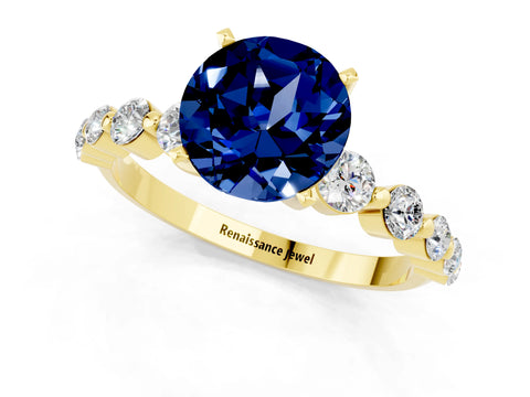 Yellow gold Round Cut Solitaire Blue Sapphire Ring with Pave Band and Four-Prong Setting_1