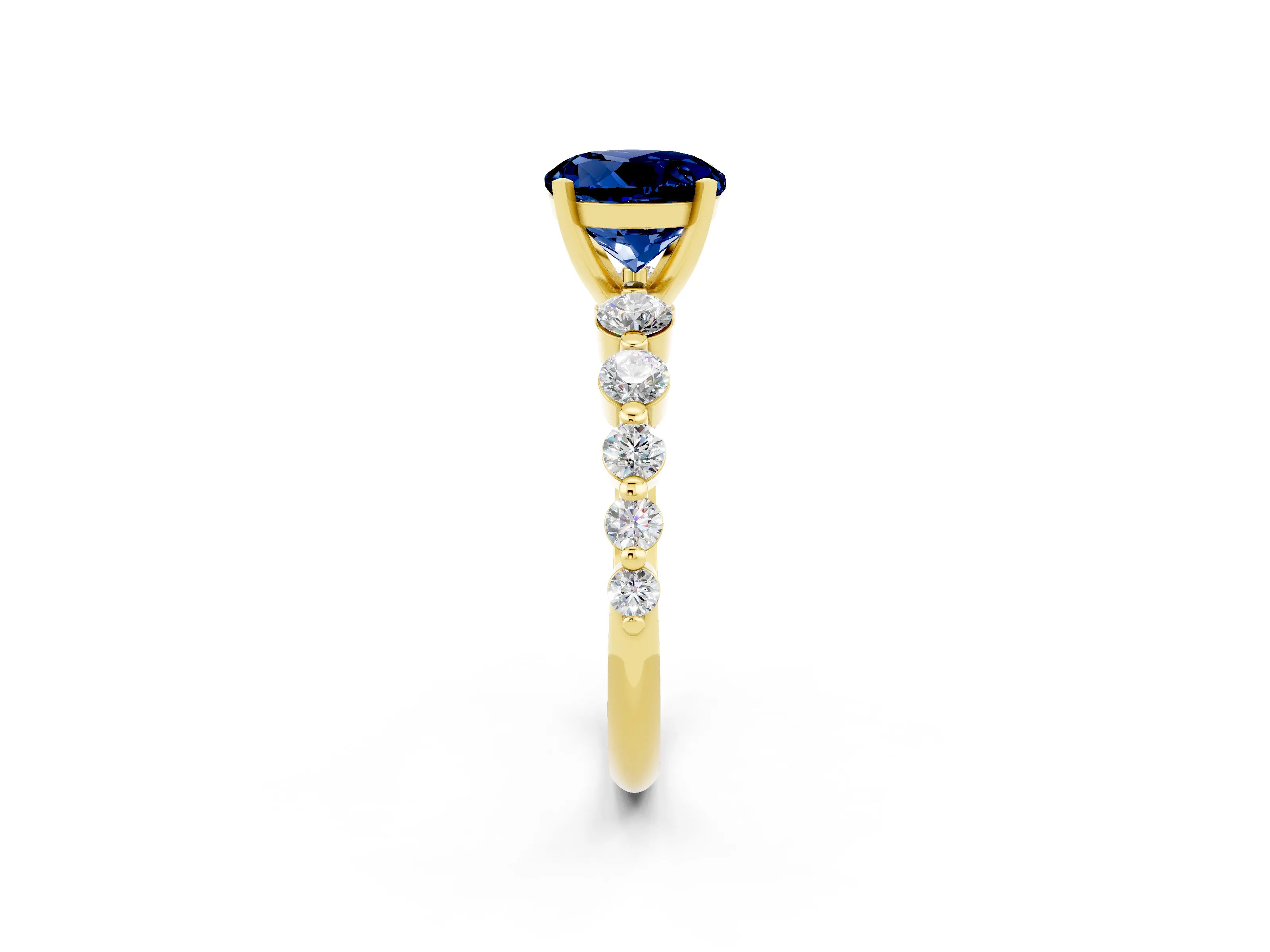 Yellow gold Round Cut Solitaire Blue Sapphire Ring with Pave Band and Four-Prong Setting_2