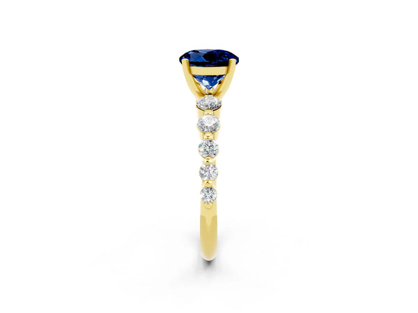 Yellow gold Round Cut Solitaire Blue Sapphire Ring with Pave Band and Four-Prong Setting