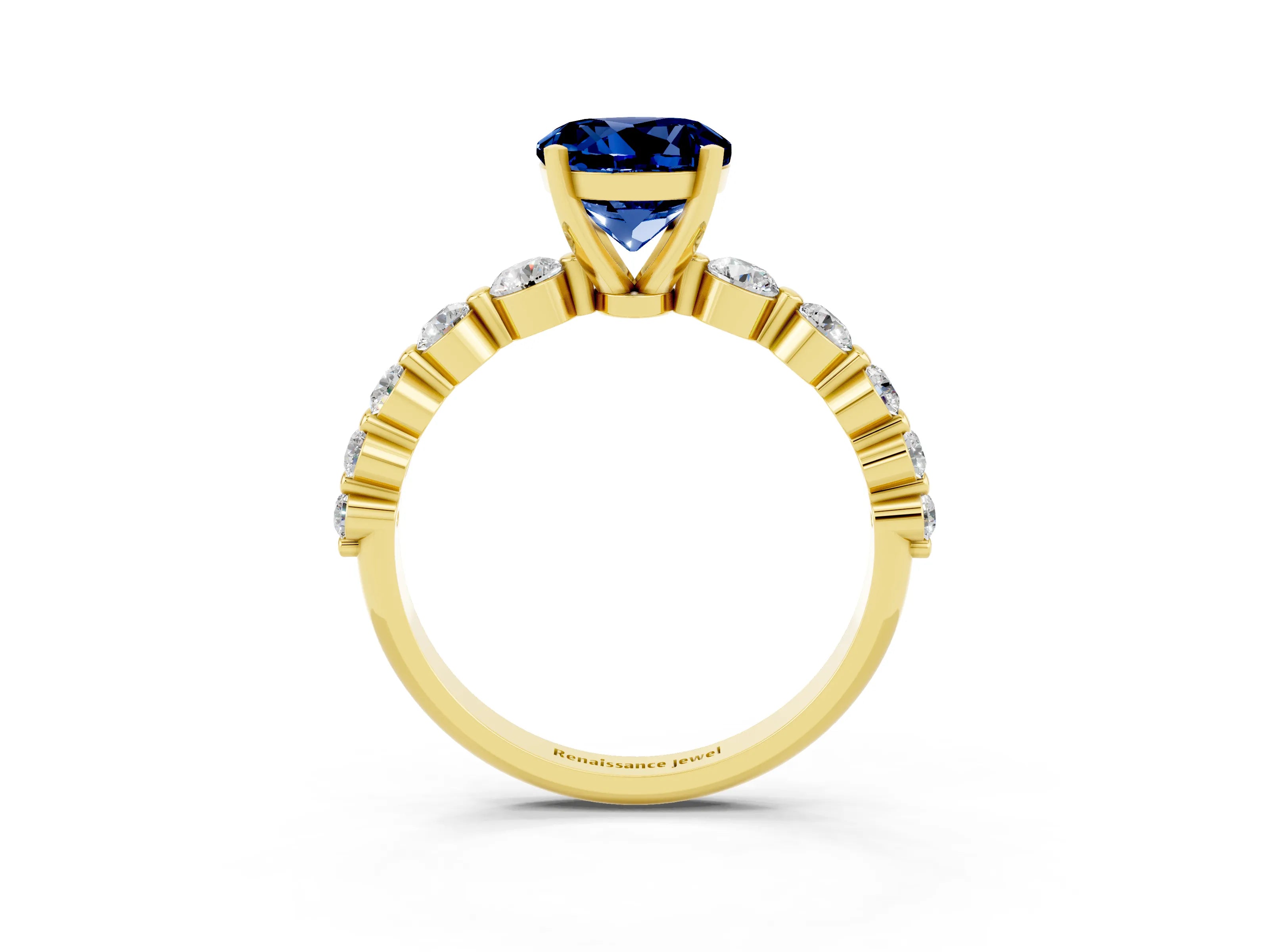 Yellow gold Round Cut Solitaire Blue Sapphire Ring with Pave Band and Four-Prong Setting_3