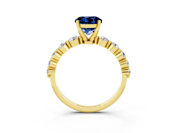 Yellow gold Round Cut Solitaire Blue Sapphire Ring with Pave Band and Four-Prong Setting