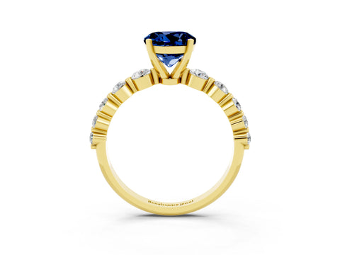 Yellow gold Round Cut Solitaire Blue Sapphire Ring with Pave Band and Four-Prong Setting_3