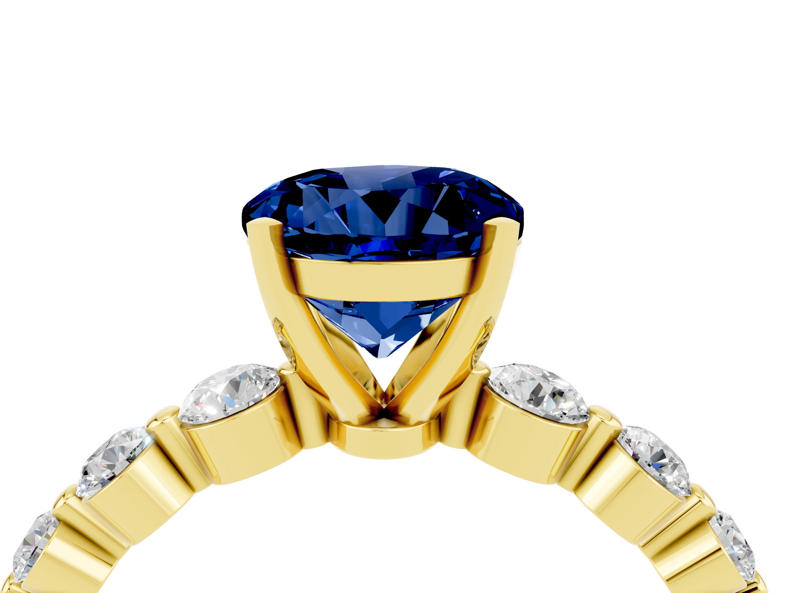Yellow gold Round Cut Solitaire Blue Sapphire Ring with Pave Band and Four-Prong Setting_4