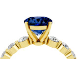 Yellow gold Round Cut Solitaire Blue Sapphire Ring with Pave Band and Four-Prong Setting_4