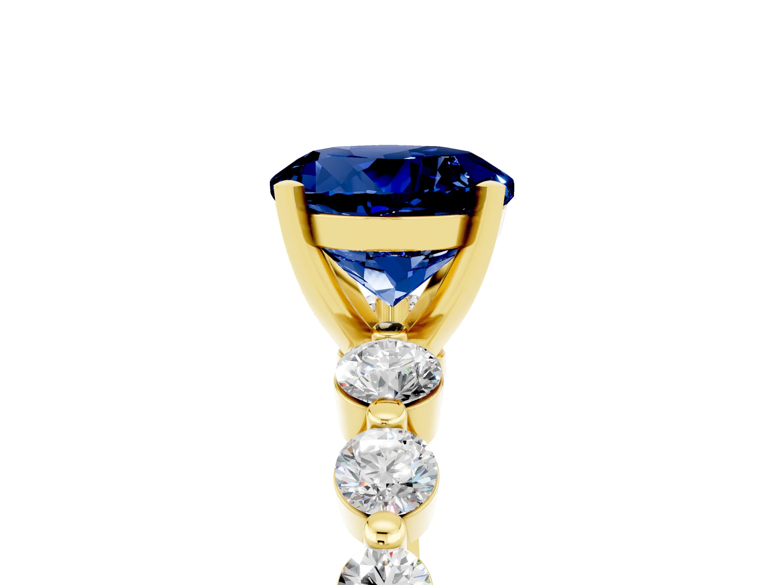 Yellow gold Round Cut Solitaire Blue Sapphire Ring with Pave Band and Four-Prong Setting_5