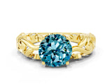 Yellow gold Round Cut Solitaire Blue Topaz Leaf-Inspired Vine Band Ring with Prong Setting