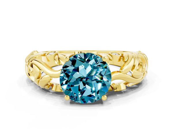 Yellow gold Round Cut Solitaire Blue Topaz Leaf-Inspired Vine Band Ring with Prong Setting