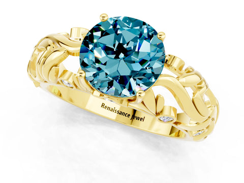 Yellow gold Round Cut Solitaire Blue Topaz Leaf-Inspired Vine Band Ring with Prong Setting_1