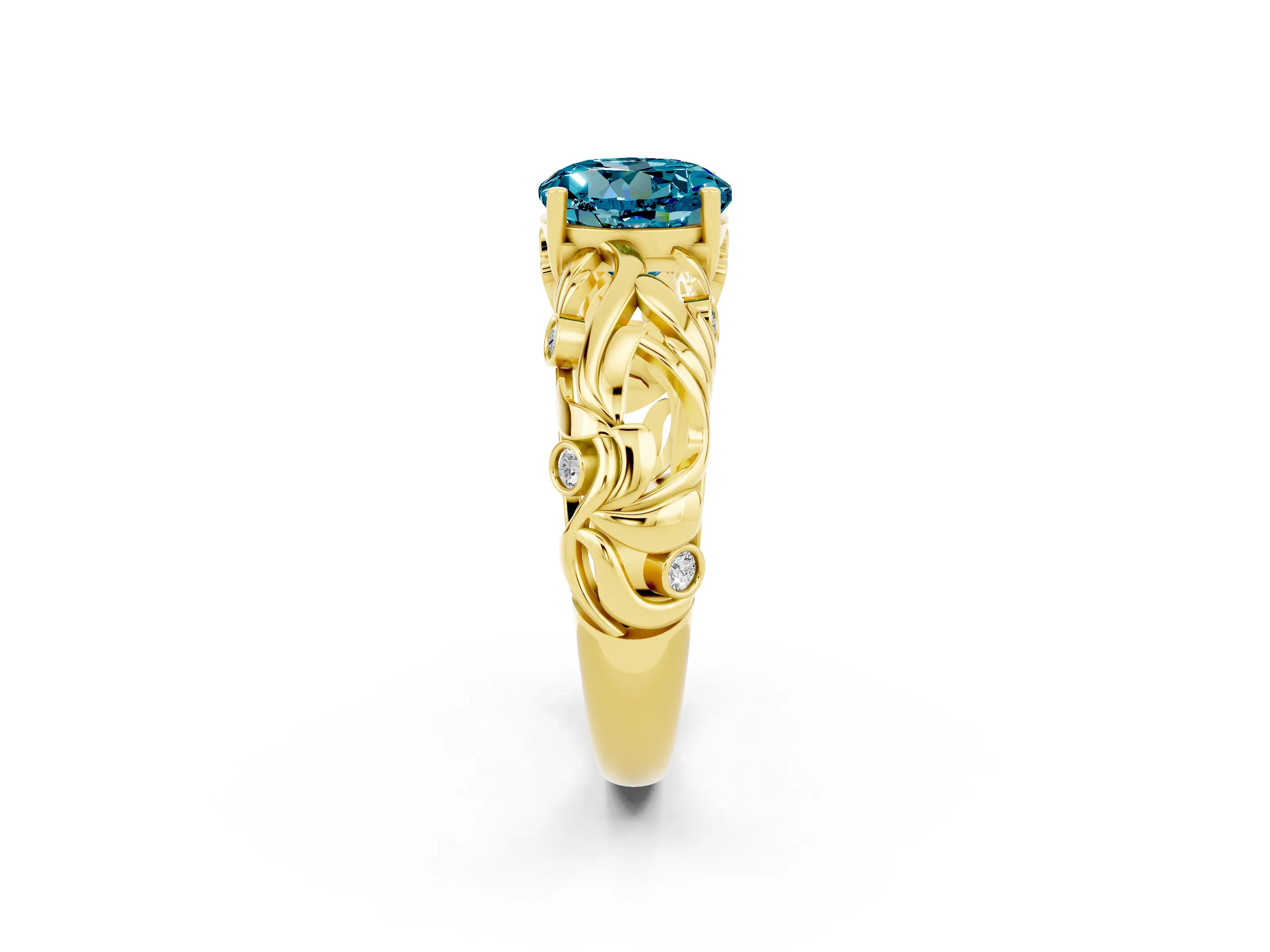 Yellow gold Round Cut Solitaire Blue Topaz Leaf-Inspired Vine Band Ring with Prong Setting_2