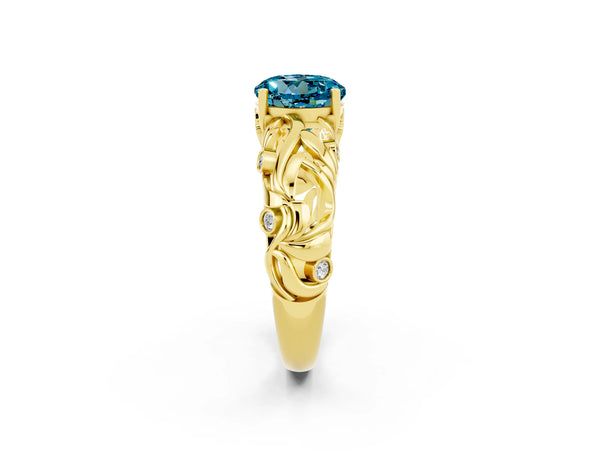 Yellow gold Round Cut Solitaire Blue Topaz Leaf-Inspired Vine Band Ring with Prong Setting