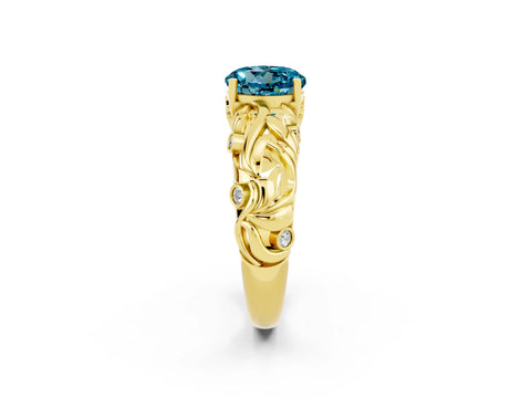 Yellow gold Round Cut Solitaire Blue Topaz Leaf-Inspired Vine Band Ring with Prong Setting_2