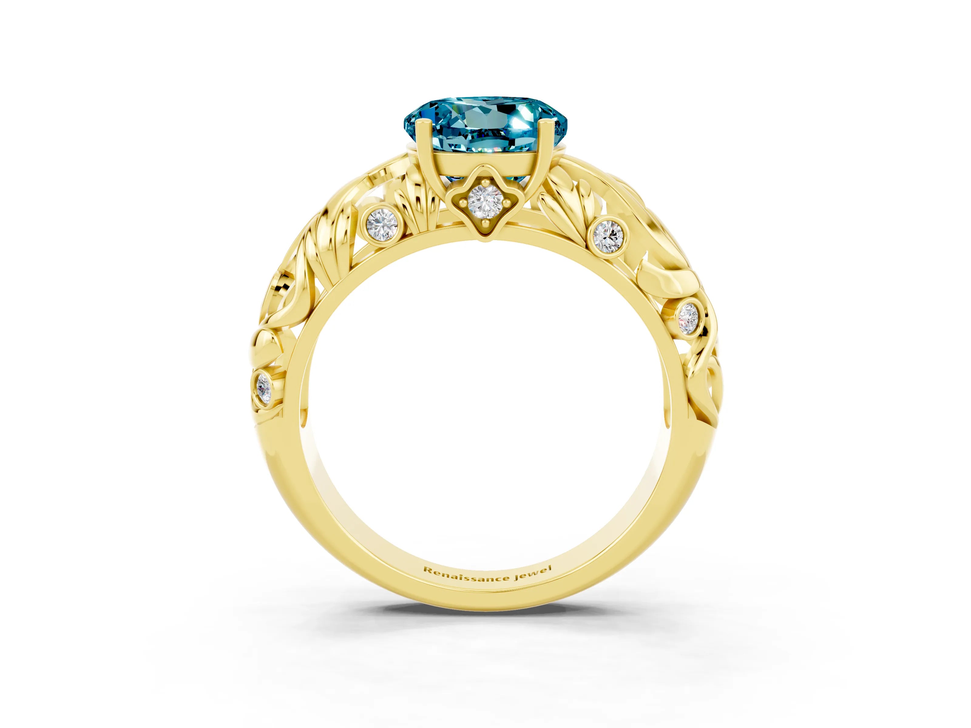 Yellow gold Round Cut Solitaire Blue Topaz Leaf-Inspired Vine Band Ring with Prong Setting_3