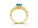Yellow gold Round Cut Solitaire Blue Topaz Leaf-Inspired Vine Band Ring with Prong Setting_3