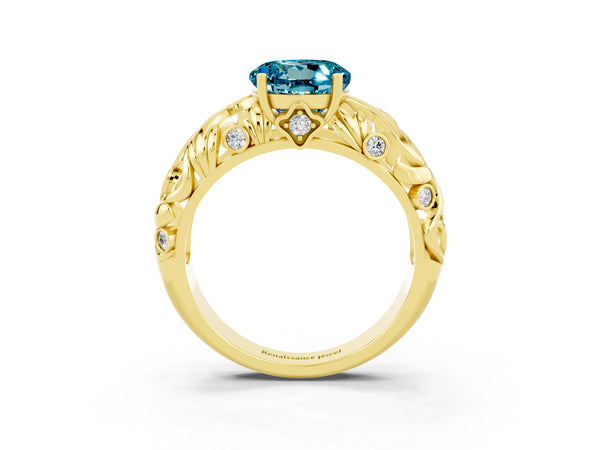 Yellow gold Round Cut Solitaire Blue Topaz Leaf-Inspired Vine Band Ring with Prong Setting