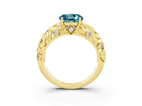 Yellow gold Round Cut Solitaire Blue Topaz Leaf-Inspired Vine Band Ring with Prong Setting_3