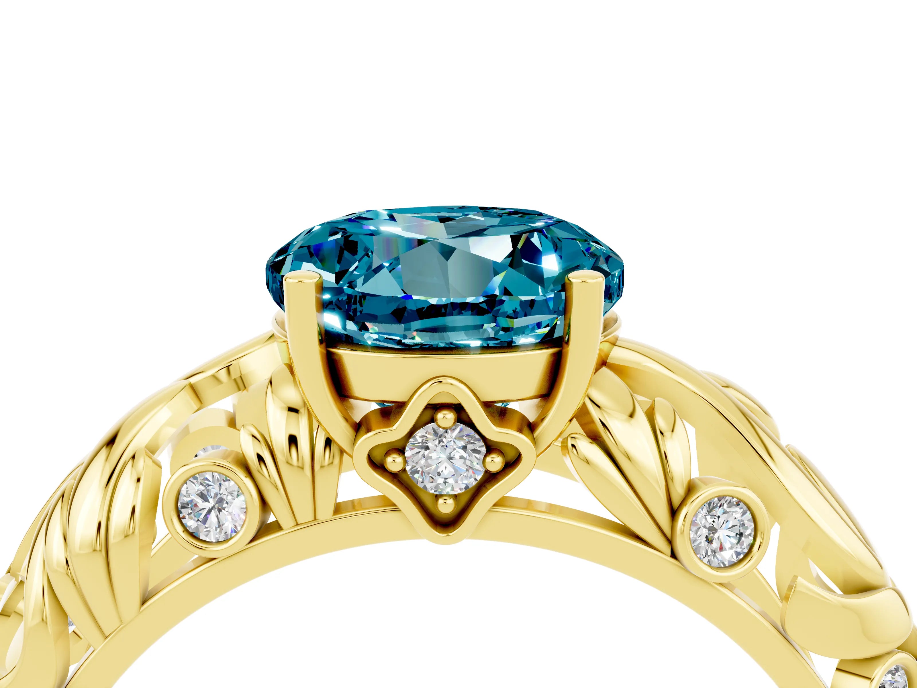 Yellow gold Round Cut Solitaire Blue Topaz Leaf-Inspired Vine Band Ring with Prong Setting_4