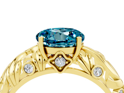 Yellow gold Round Cut Solitaire Blue Topaz Leaf-Inspired Vine Band Ring with Prong Setting_4