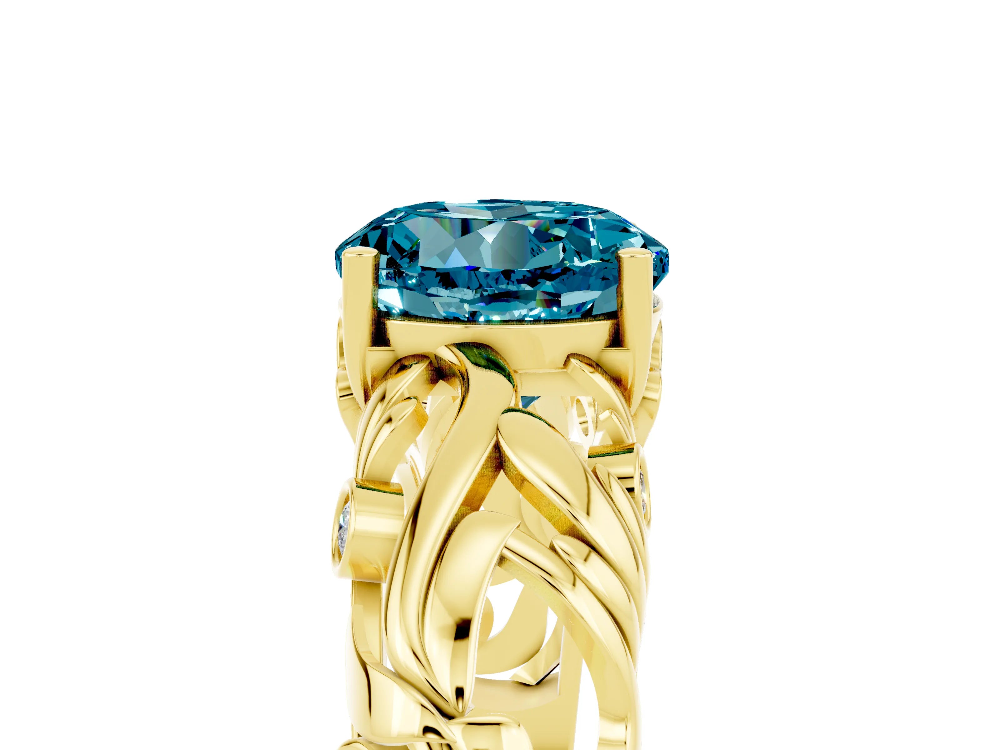 Yellow gold Round Cut Solitaire Blue Topaz Leaf-Inspired Vine Band Ring with Prong Setting_5