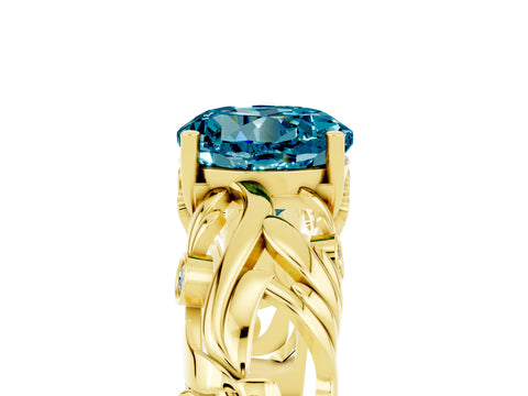 Yellow gold Round Cut Solitaire Blue Topaz Leaf-Inspired Vine Band Ring with Prong Setting_5