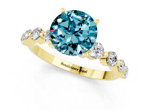 Yellow gold Round Cut Solitaire Blue Topaz Ring with Pave Band and Four-Prong Setting_1
