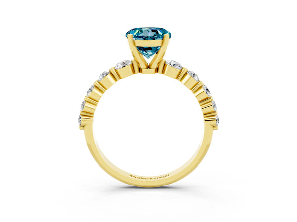 Yellow gold Round Cut Solitaire Blue Topaz Ring with Pave Band and Four-Prong Setting