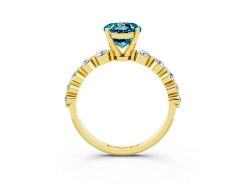 Yellow gold Round Cut Solitaire Blue Topaz Ring with Pave Band and Four-Prong Setting_3