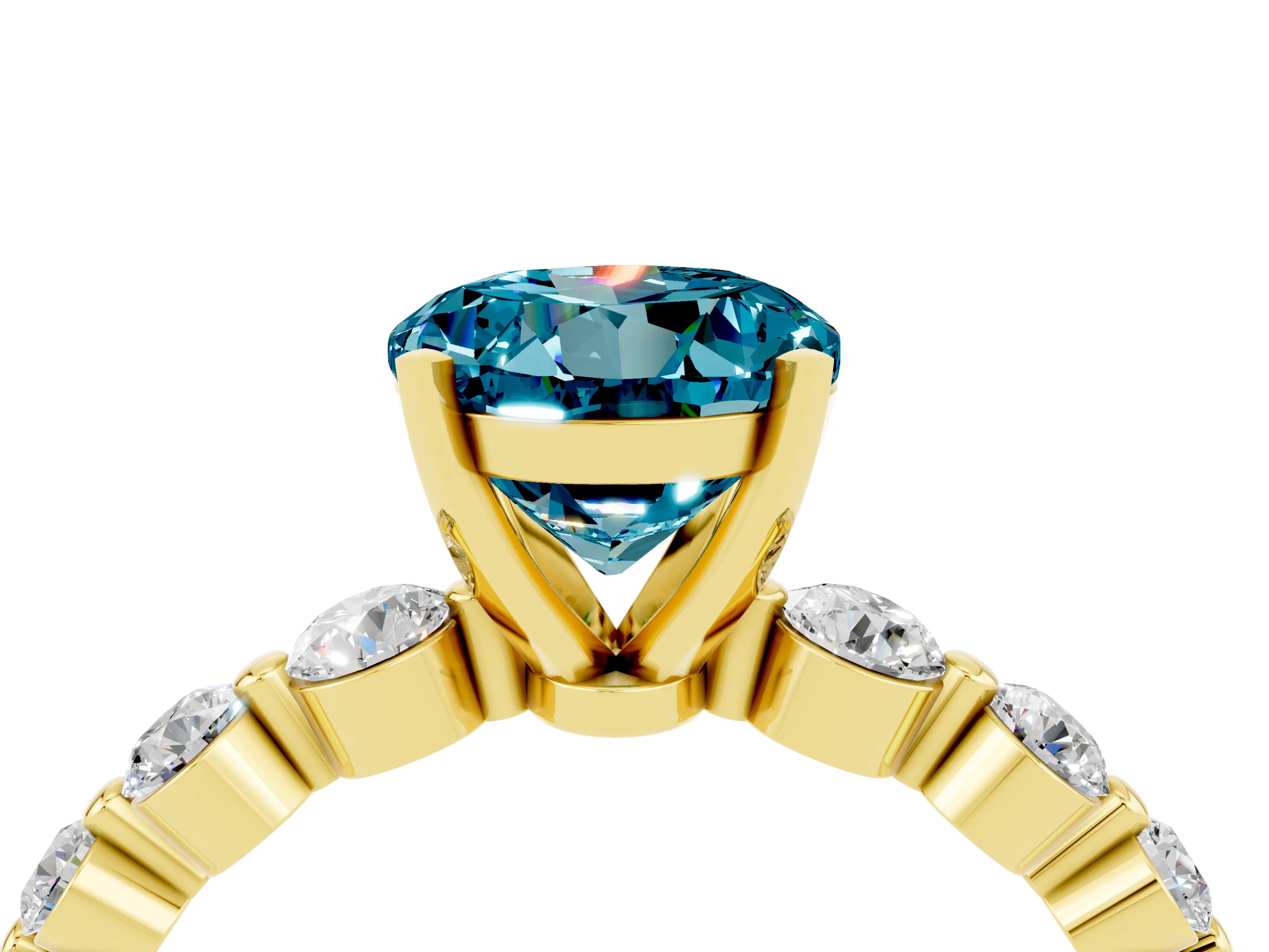 Yellow gold Round Cut Solitaire Blue Topaz Ring with Pave Band and Four-Prong Setting_4