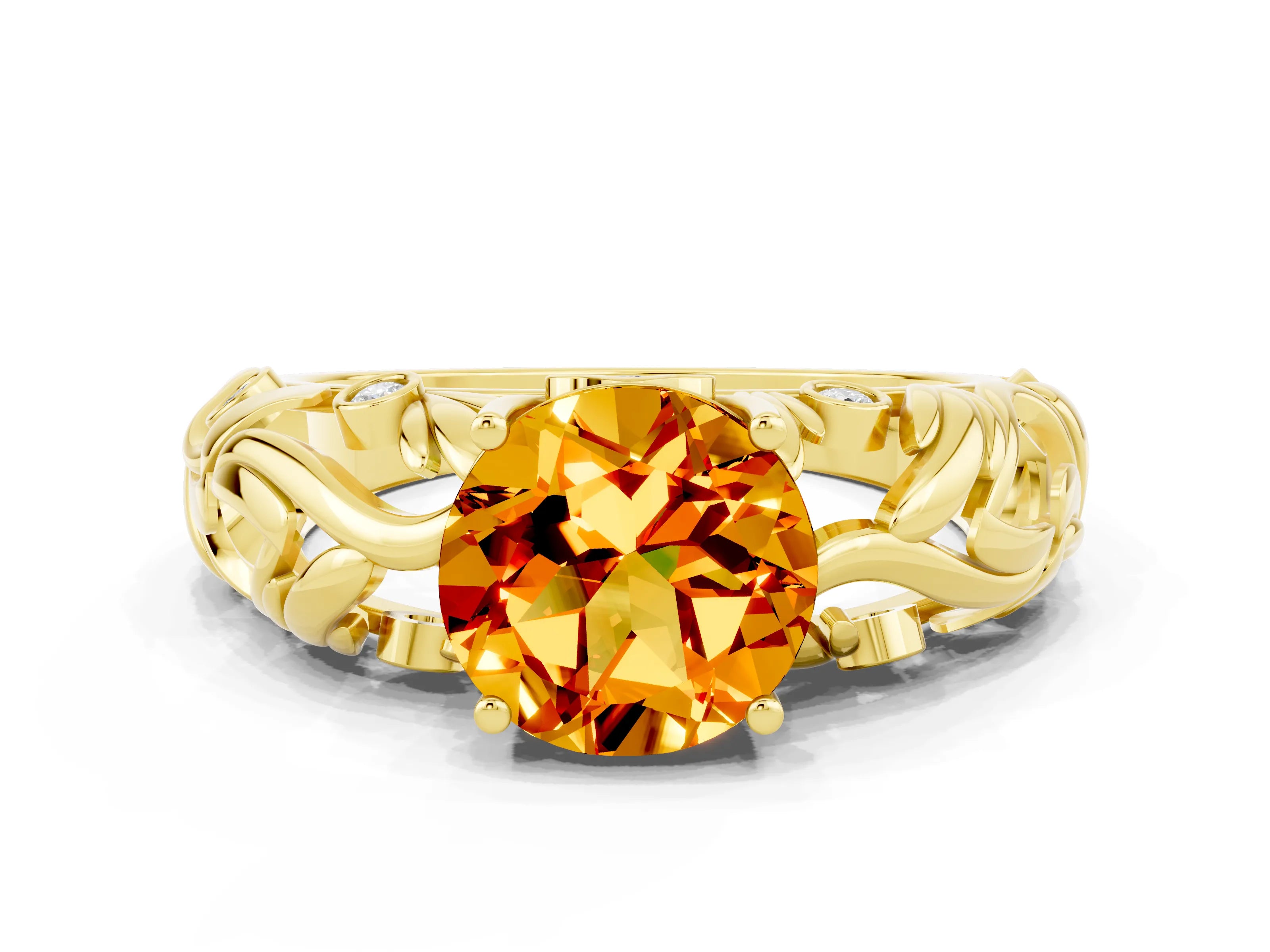 Yellow gold Round Cut Solitaire Citrine Leaf-Inspired Vine Band Ring with Prong Setting