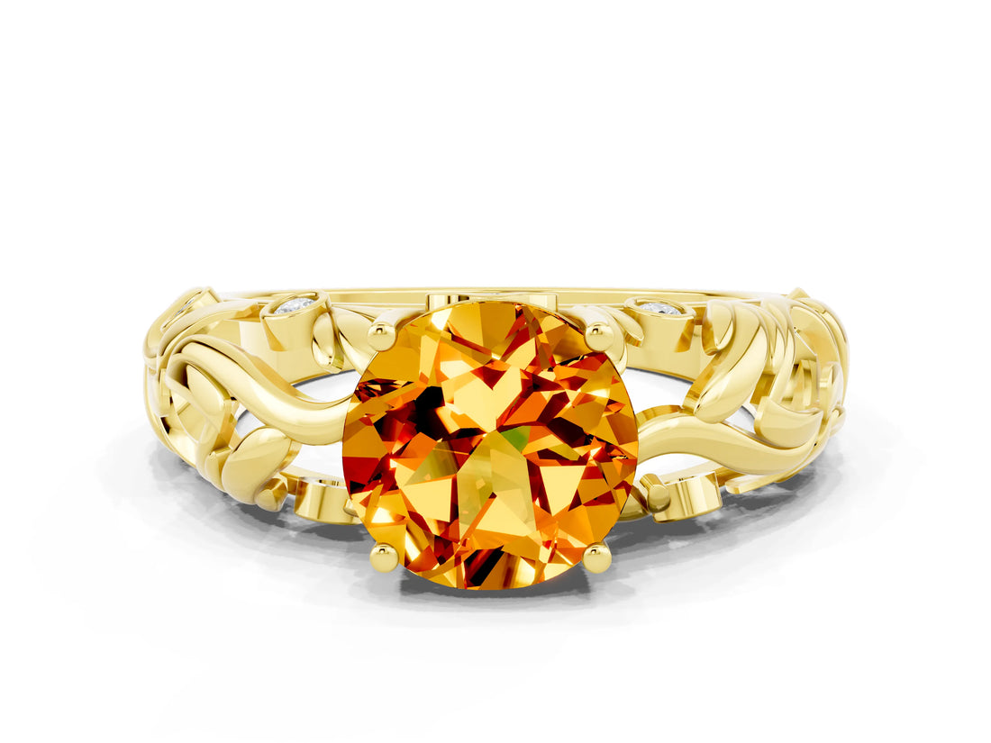 Yellow gold Round Cut Solitaire Citrine Leaf-Inspired Vine Band Ring with Prong Setting