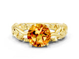 Yellow gold Round Cut Solitaire Citrine Leaf-Inspired Vine Band Ring with Prong Setting