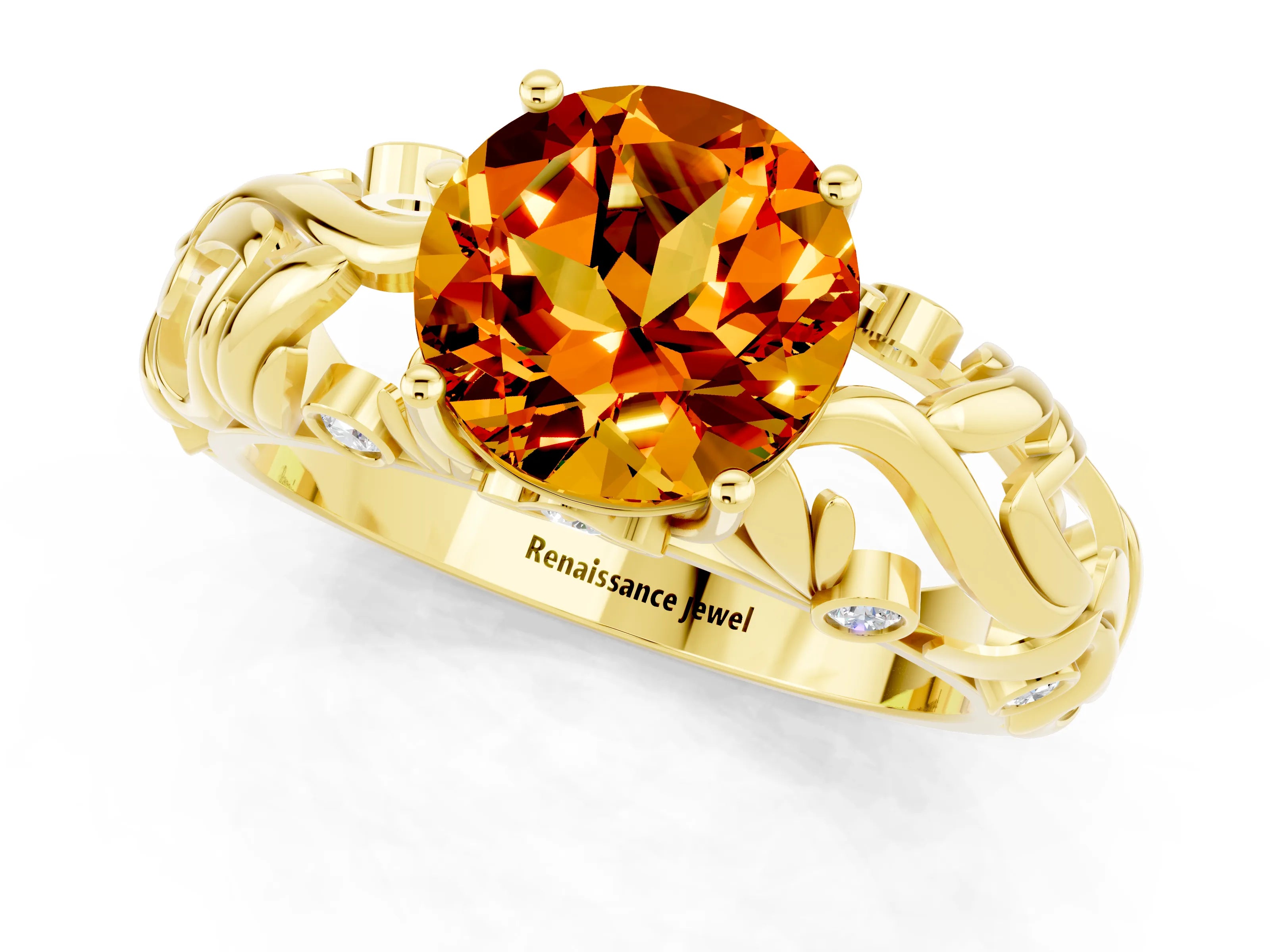 Yellow gold Round Cut Solitaire Citrine Leaf-Inspired Vine Band Ring with Prong Setting_1