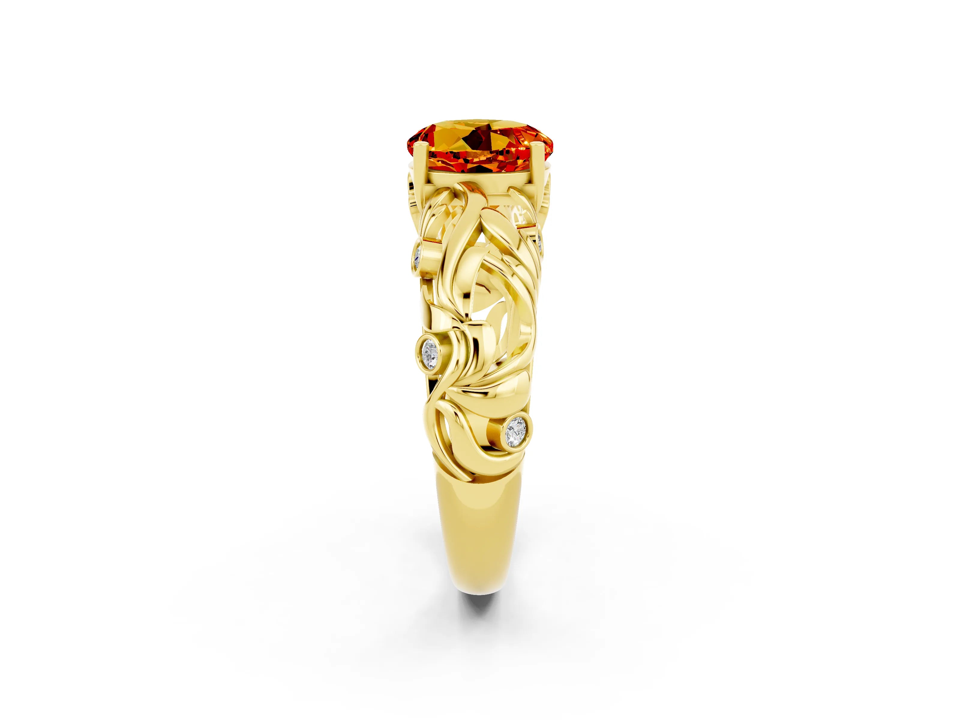 Yellow gold Round Cut Solitaire Citrine Leaf-Inspired Vine Band Ring with Prong Setting_2