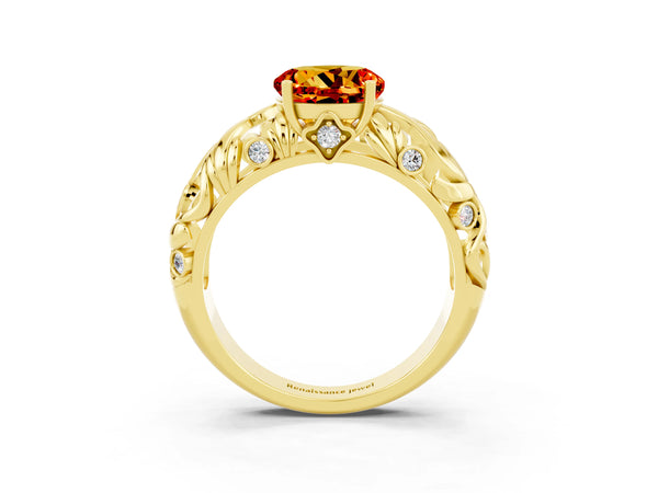 Yellow gold Round Cut Solitaire Citrine Leaf-Inspired Vine Band Ring with Prong Setting