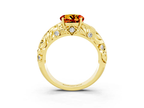 Yellow gold Round Cut Solitaire Citrine Leaf-Inspired Vine Band Ring with Prong Setting_3