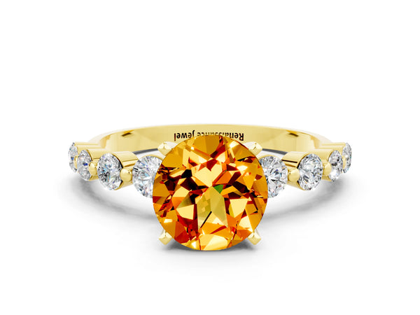 Yellow gold Round Cut Solitaire Citrine Ring with Pave Band and Four-Prong Setting