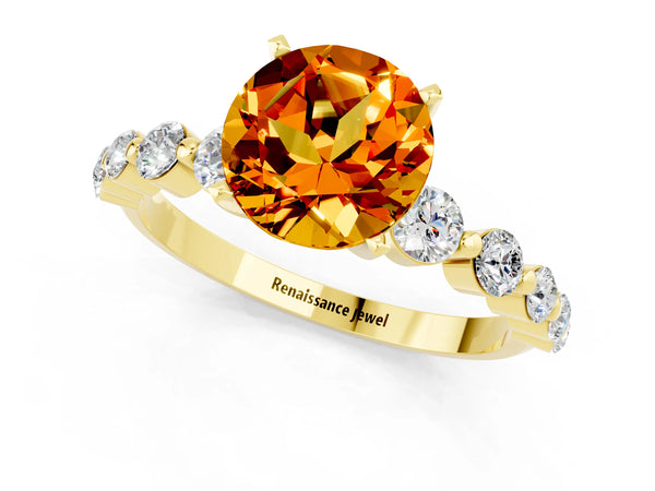 Yellow gold Round Cut Solitaire Citrine Ring with Pave Band and Four-Prong Setting