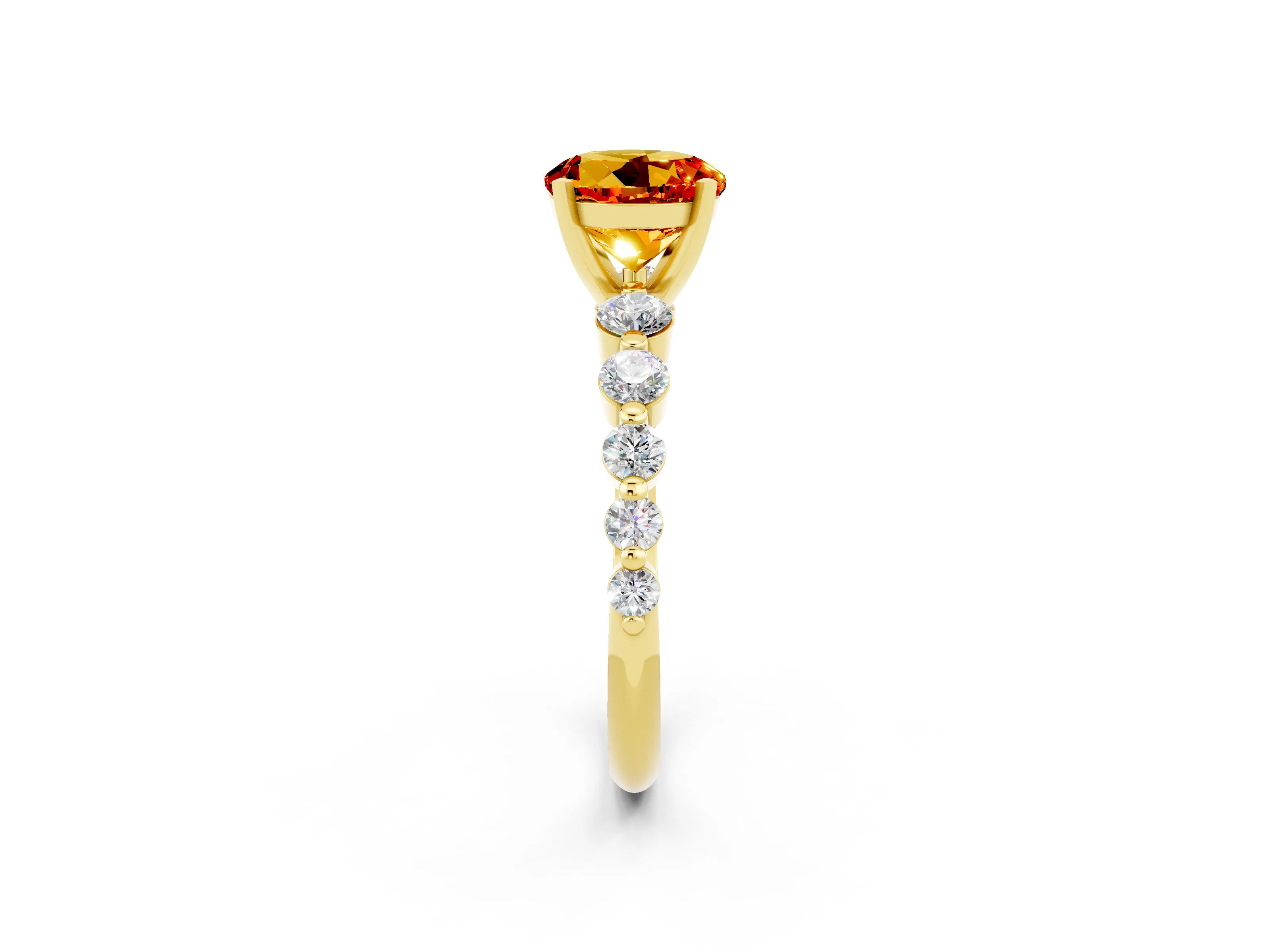 Yellow gold Round Cut Solitaire Citrine Ring with Pave Band and Four-Prong Setting_2