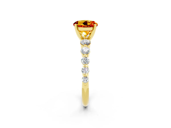 Yellow gold Round Cut Solitaire Citrine Ring with Pave Band and Four-Prong Setting