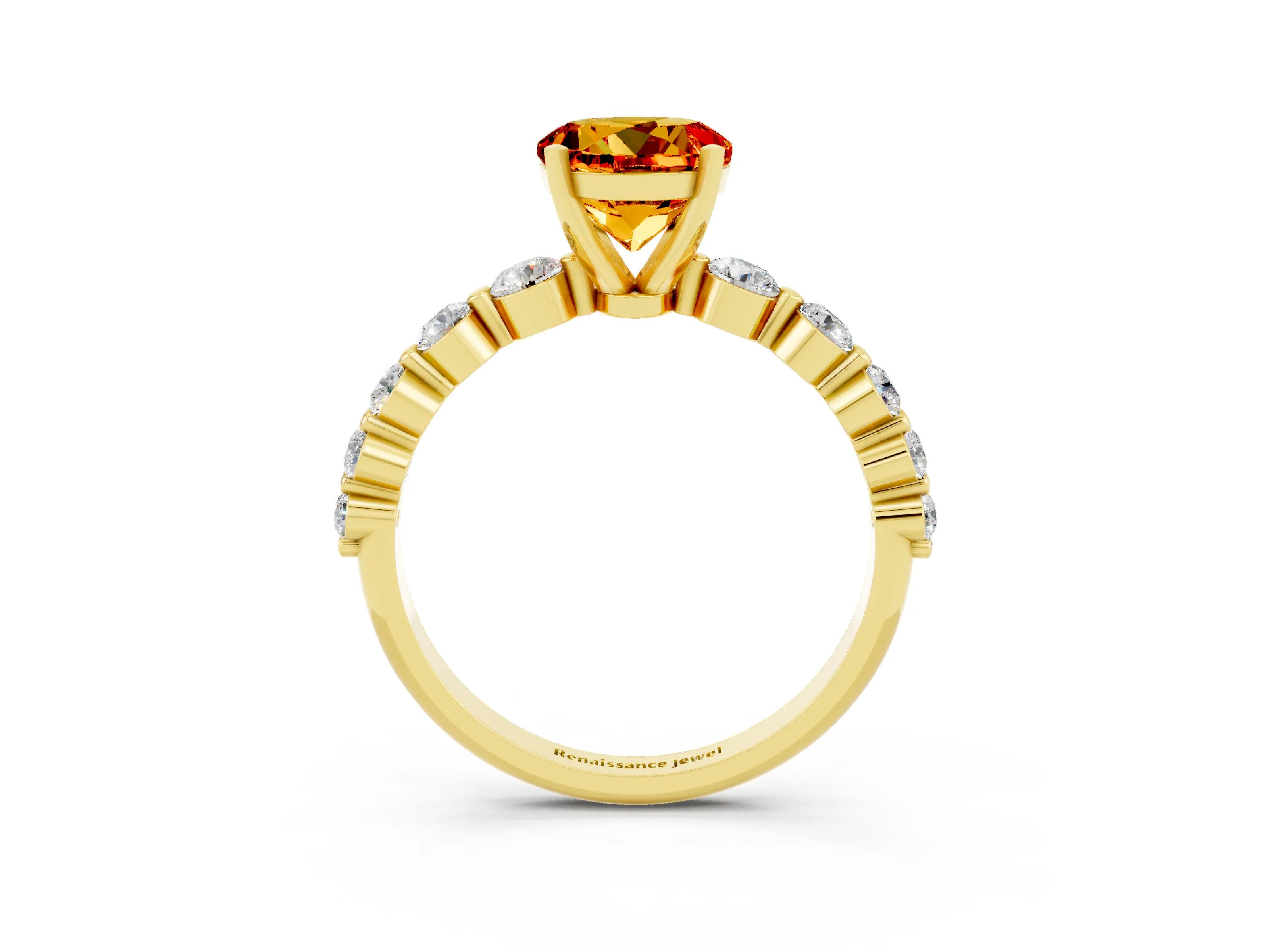 Yellow gold Round Cut Solitaire Citrine Ring with Pave Band and Four-Prong Setting_3