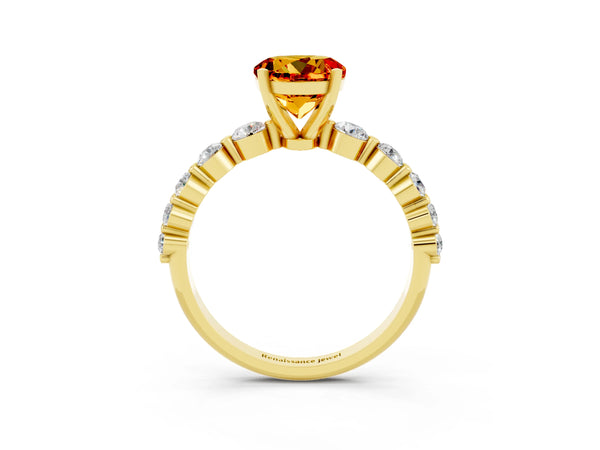 Yellow gold Round Cut Solitaire Citrine Ring with Pave Band and Four-Prong Setting