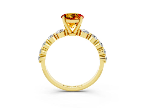 Yellow gold Round Cut Solitaire Citrine Ring with Pave Band and Four-Prong Setting_3