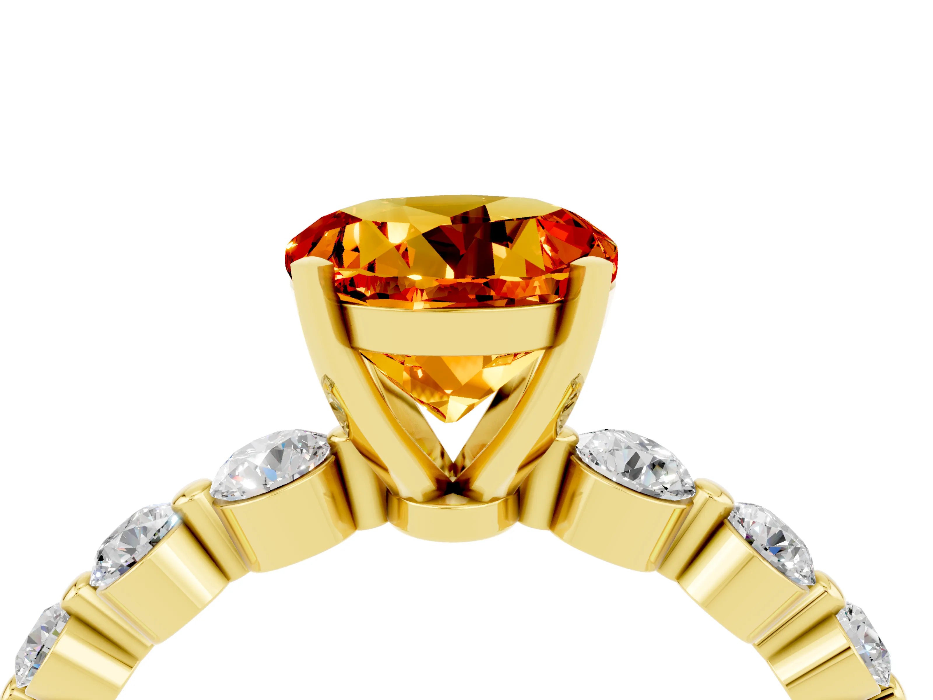 Yellow gold Round Cut Solitaire Citrine Ring with Pave Band and Four-Prong Setting_4