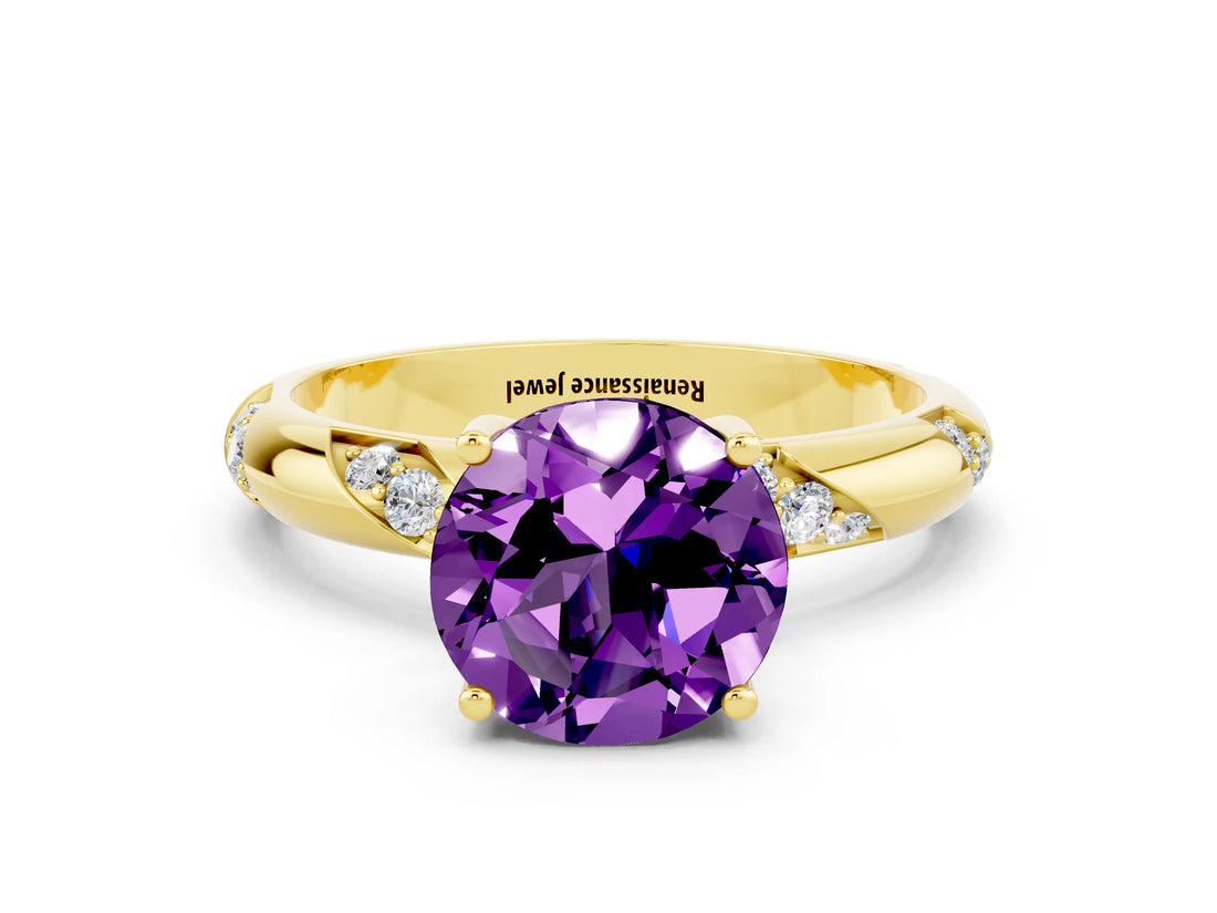 Yellow gold Round Cut Solitaire Diamond Engagement Ring with Twisted Pave Band and Four-Prong Setting
