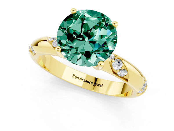 Yellow gold Round Cut Green Sapphire Solitaire Engagement Ring with Twisted Round  Accent Band and Prong Setting