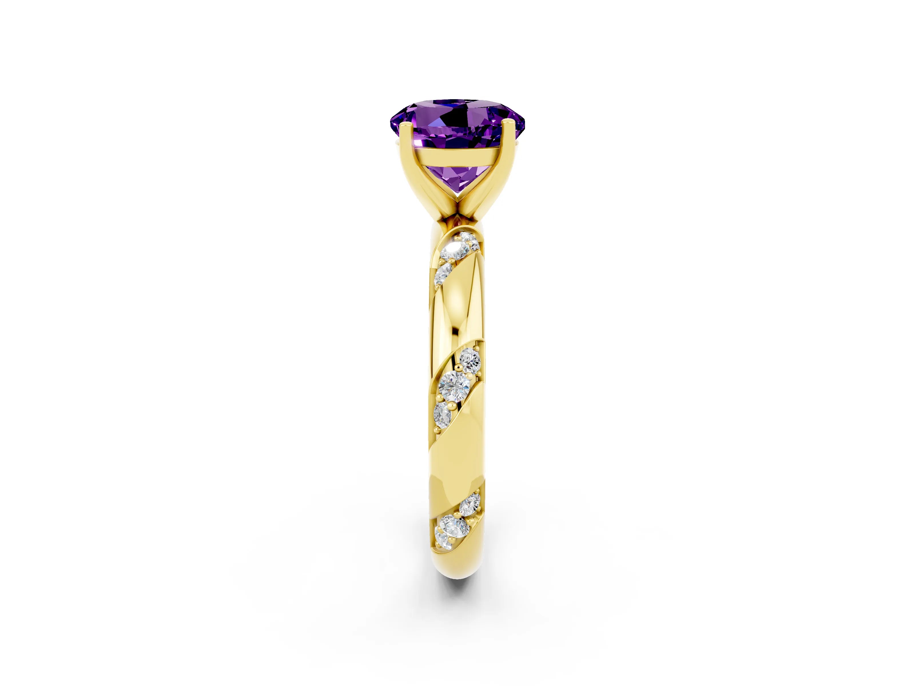 Yellow gold Round Cut Solitaire Diamond Engagement Ring with Twisted Pave Band and Four-Prong Setting_2